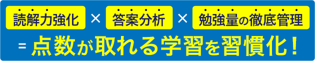 勉強量の徹底管理  × 答案分析  × 読解力強化　点数が取れる学習を習慣化！